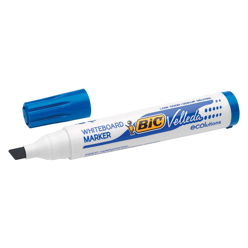 Bic Velleda 1751 ECOlutions Marcadores para Pizarra - Punta Biselada - Trazo entre 3mm y 5.5mm - Tinta con Base de Alcohol - Ecologico - Borrado Optimo - Color Azul (12 unidades)