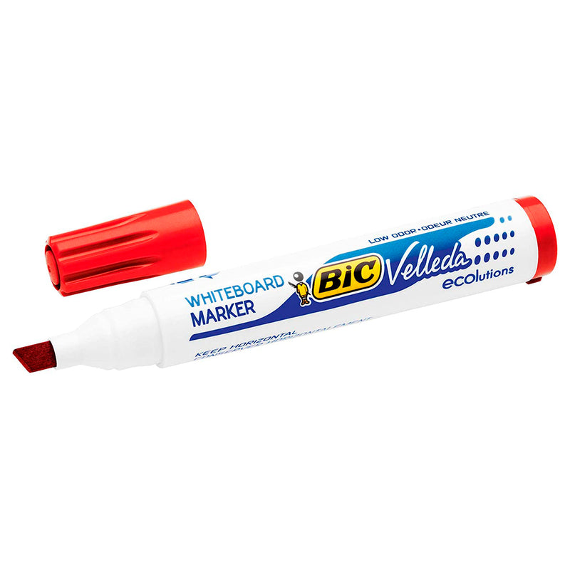 Bic Velleda 1751 ECOlutions Marcadores para Pizarra - Punta Biselada - Trazo entre 3mm y 5.5mm - Tinta con Base de Alcohol - Ecologico - Borrado Optimo - Color Rojo (12 unidades)