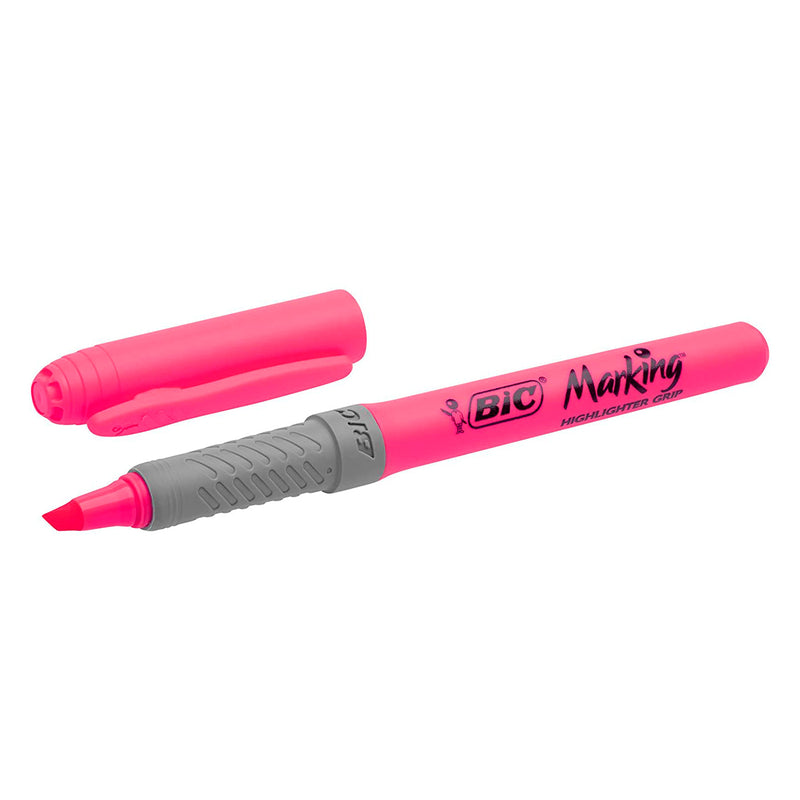 Bic Highlighter Grip Marcador Fluorescente - Tinta con Base de Agua - Punta Biselada - Trazo entre 1.60 y 3.30 mm - Color Rosa (12 unidades)