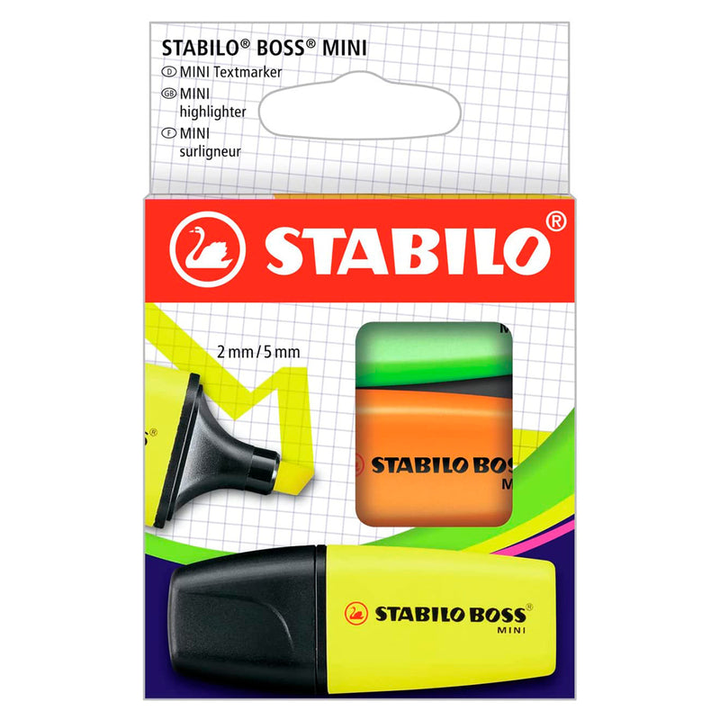 Stabilo Boss Mini Pack de 3 Marcadores Fluorescentes - Trazo entre 2 y 5mm - Tinta con Base de Agua - Antisecado - Colores Surtidos