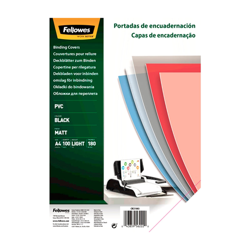 Fellowes Pack de 100 Portadas para Encuadernar de PVC A4 - 180 Micras - Acabado de Calidad - Color Negro