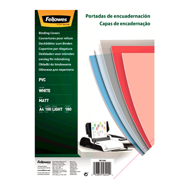 Fellowes Pack de 100 Portadas para Encuadernar de PVC A4 - 180 Micras - Alta Calidad - Color Blanco