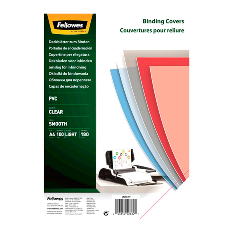 Fellowes Pack de 100 Portadas para Encuadernar de PVC A4 180 Micras - Transparentes