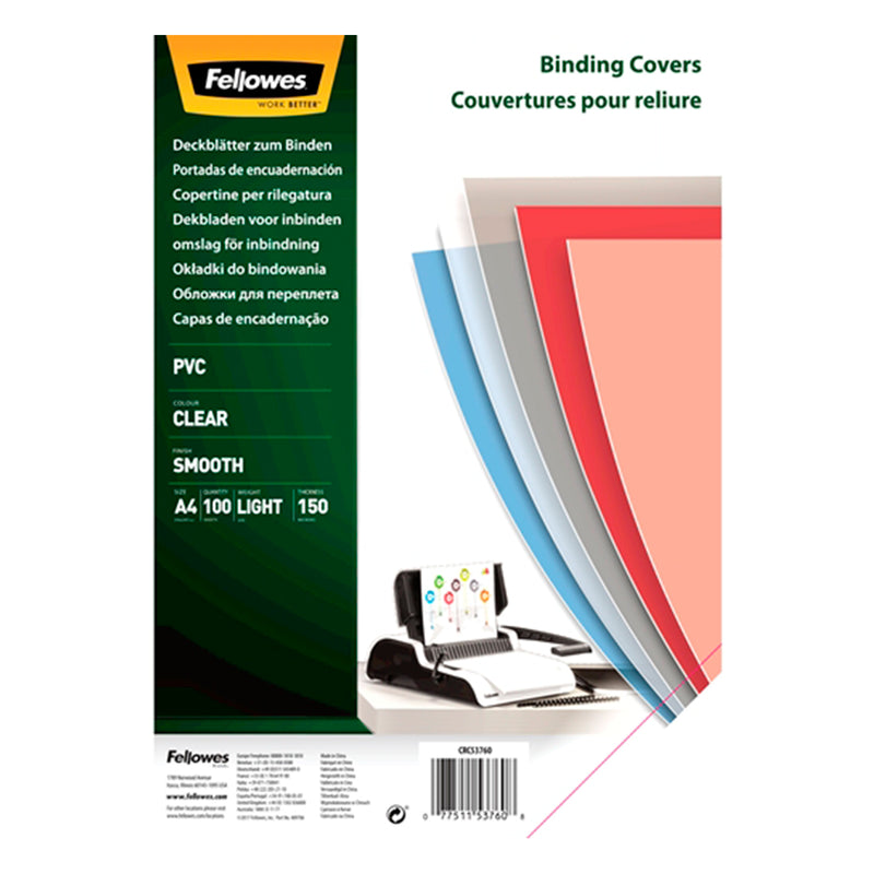 Fellowes Pack de 100 Portadas para Encuadernar de PVC A4 - 150 Micras - Muy Resistentes - Transparente