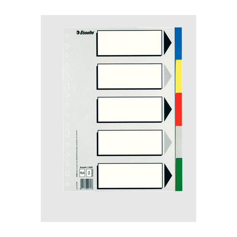 Esselte 613 Bolsa de 5 Separadores de Plastico - 5 Pestañas / 5 Colores - Multitaladro - Formato Folio