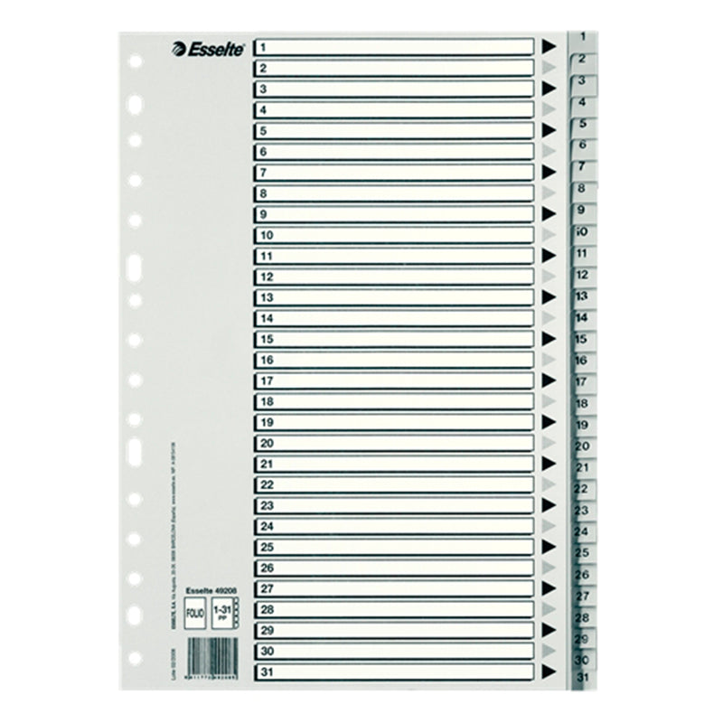 Esselte Bolsa de 25 Indices Numericos de Plastico - Pestañas 1 al 31 - Multitaladro - Formato Folio - Color Gris (25 unidades)