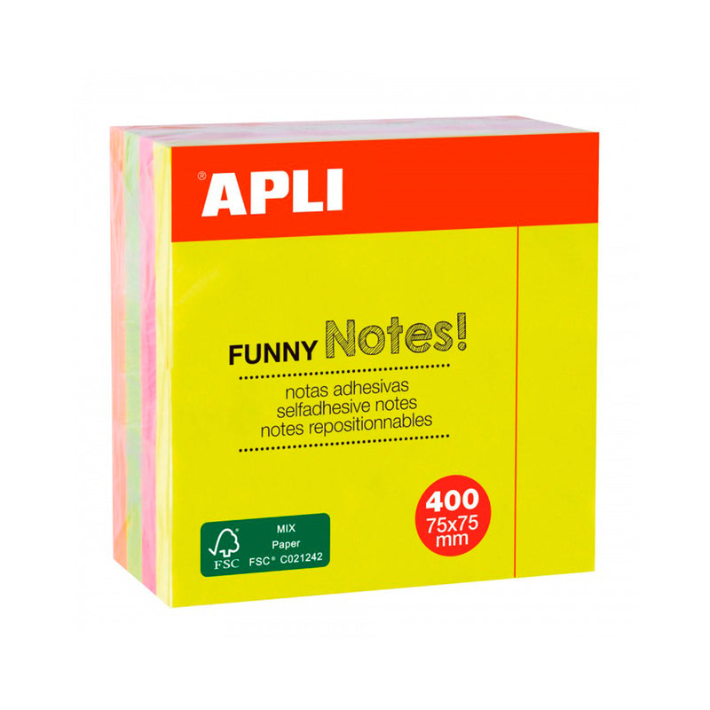 Apli Funny Cubo de 400 Notas Adhesivas 75 x 75 mm - Colores Surtidos Fluorescentes