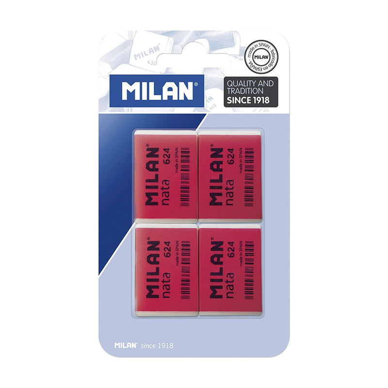 Milan Nata 624 Pack de 4 Gomas de Borrar Rectangulares - Plastico - Suave - No Abrasiva - Color Rojo/Blanco