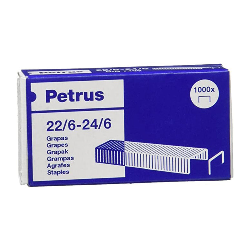 Petrus Grapas 22/6 Galvanizadas - Hasta 30 Hojas - Caja de 1000 Grapas - Patilla de 6mm