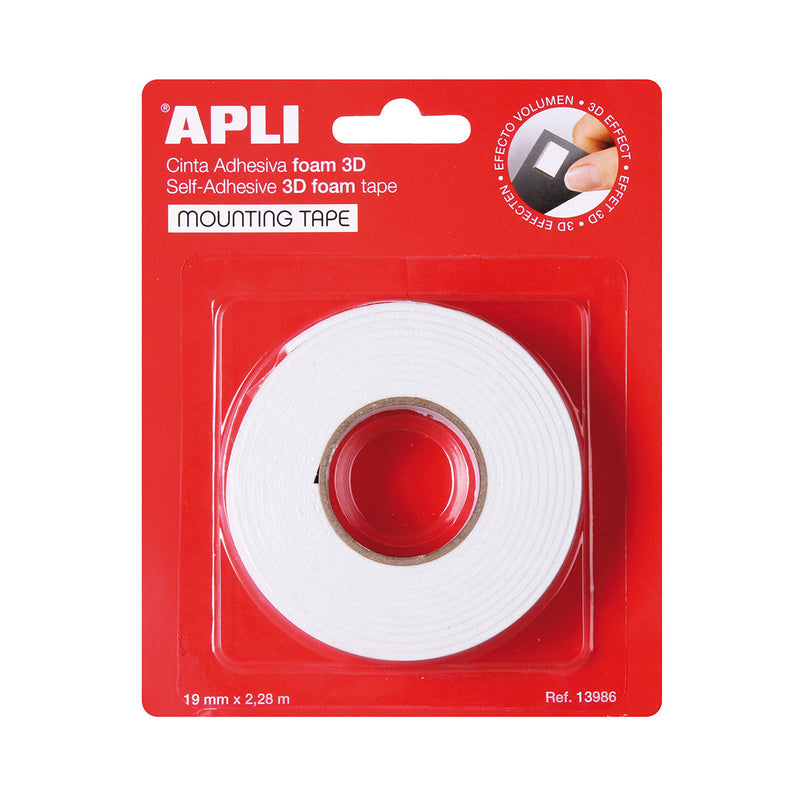 Apli Cinta Adhesiva Doble Cara Foam 3D - 19mm x 228m - Adhesion Fuerte y Duradera - Ideal para Manualidades y Decoracion - Blanco