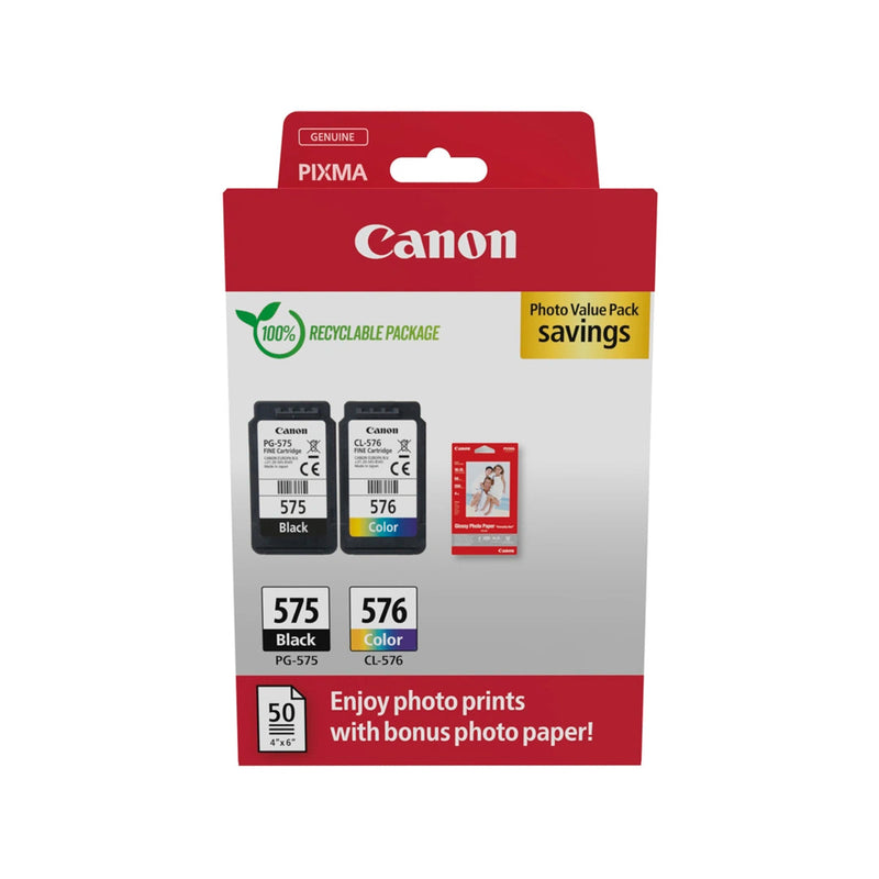 Canon PG575/CL576 Pack de 2 Cartuchos de Tinta Originales + 50 Hojas de Papel Fotografico - 5438C004