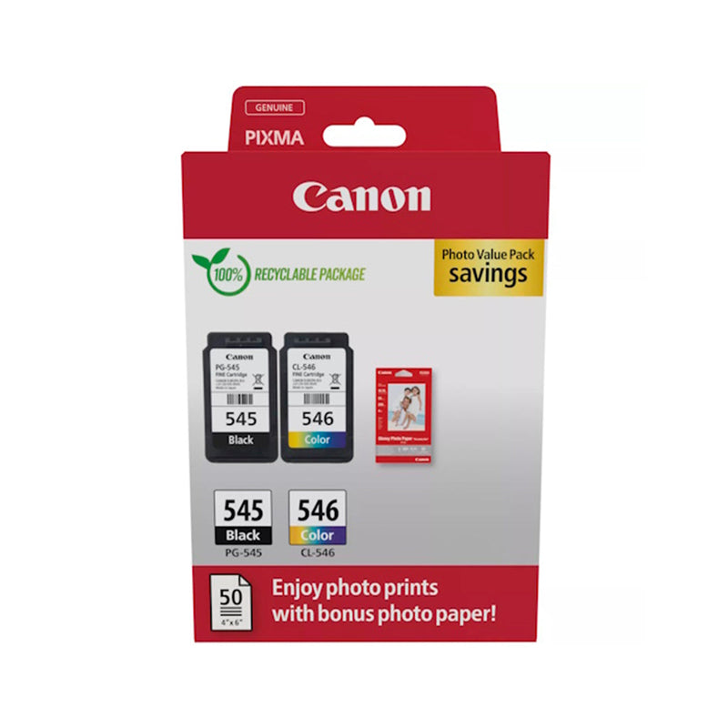 Canon PG545 Negro + CL546 Color Pack de Cartuchos de Tinta Originales + 50 Hojas de Papel Fotografico - 8287B008/8287B006/8287B005