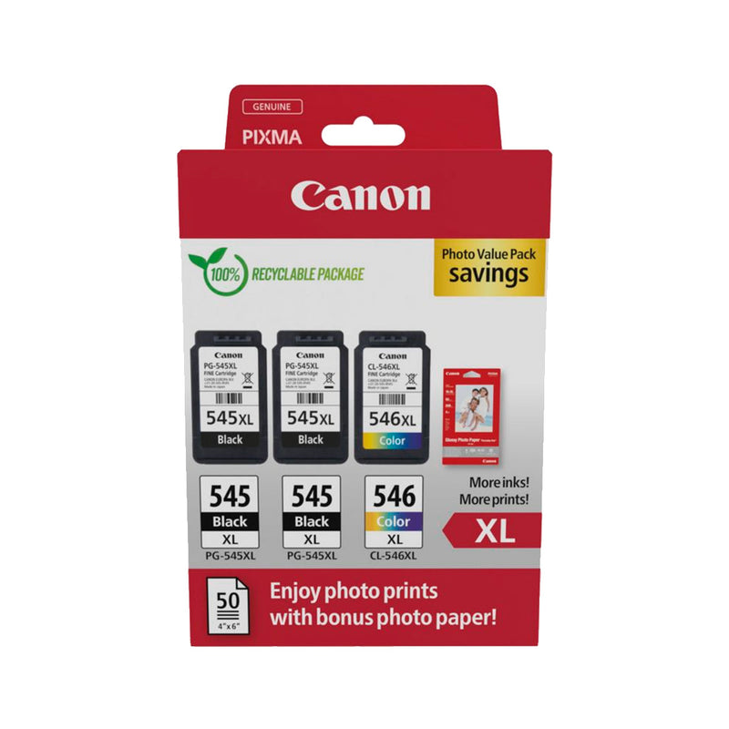 Canon PG-545XL/CL-546XL Multipack de 3 Cartuchos de Tinta Originales + 50 Hojas de Papel Fotografico - 8286B015